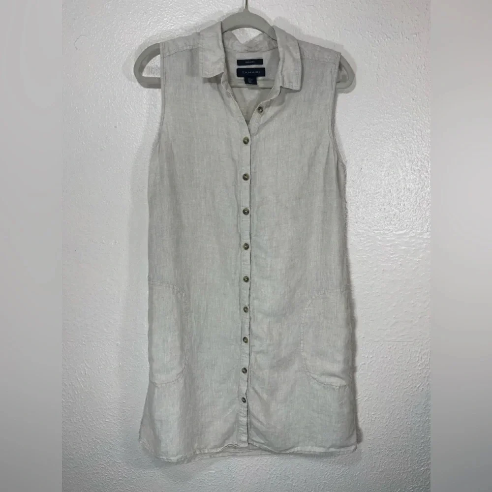 Tahari 100% Linen Beige Sleeveless Collared Button Down Shirt Dress Women Large